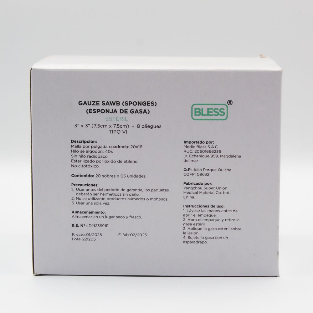 Gasa Fraccionada Estéril Tipo VI 7.5x7.5cm 8 Capas BLESS