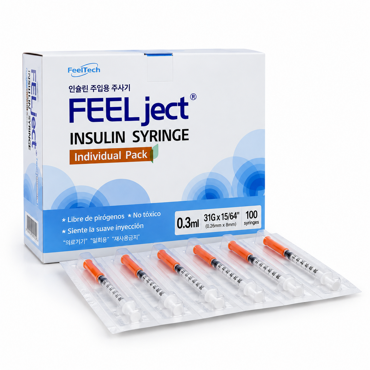 Jeringa de Insulina Ultra Fina FEELject 0.3ml 31G x 8mm - Caja 100 Unidades Empaque Individual Estéril
