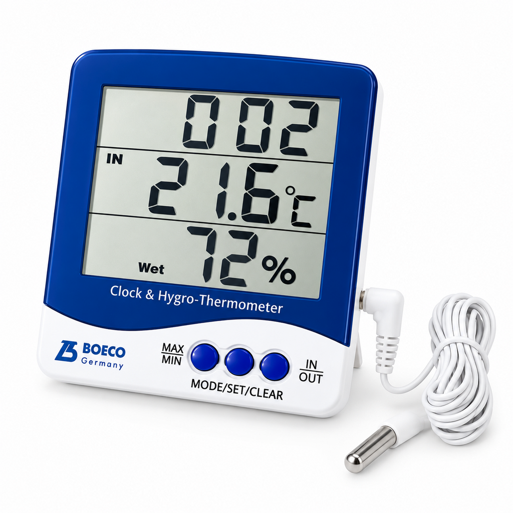 Termohigrómetro Digital BOECO SH-110 con Sonda Externa - Temperatura Interior y Exterior, Humedad y Reloj con Alarma