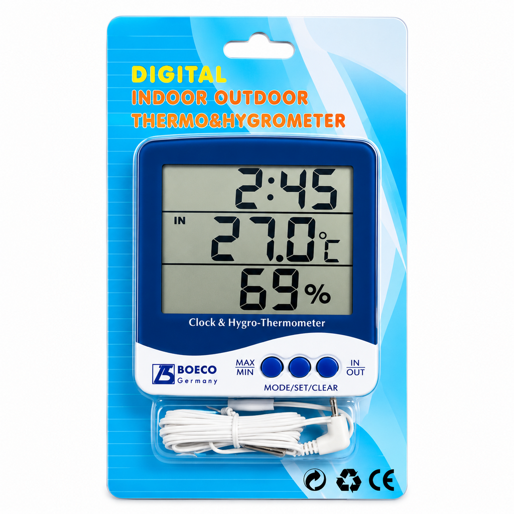 Termohigrómetro Digital BOECO SH-110 con Sonda Externa - Temperatura Interior y Exterior, Humedad y Reloj con Alarma