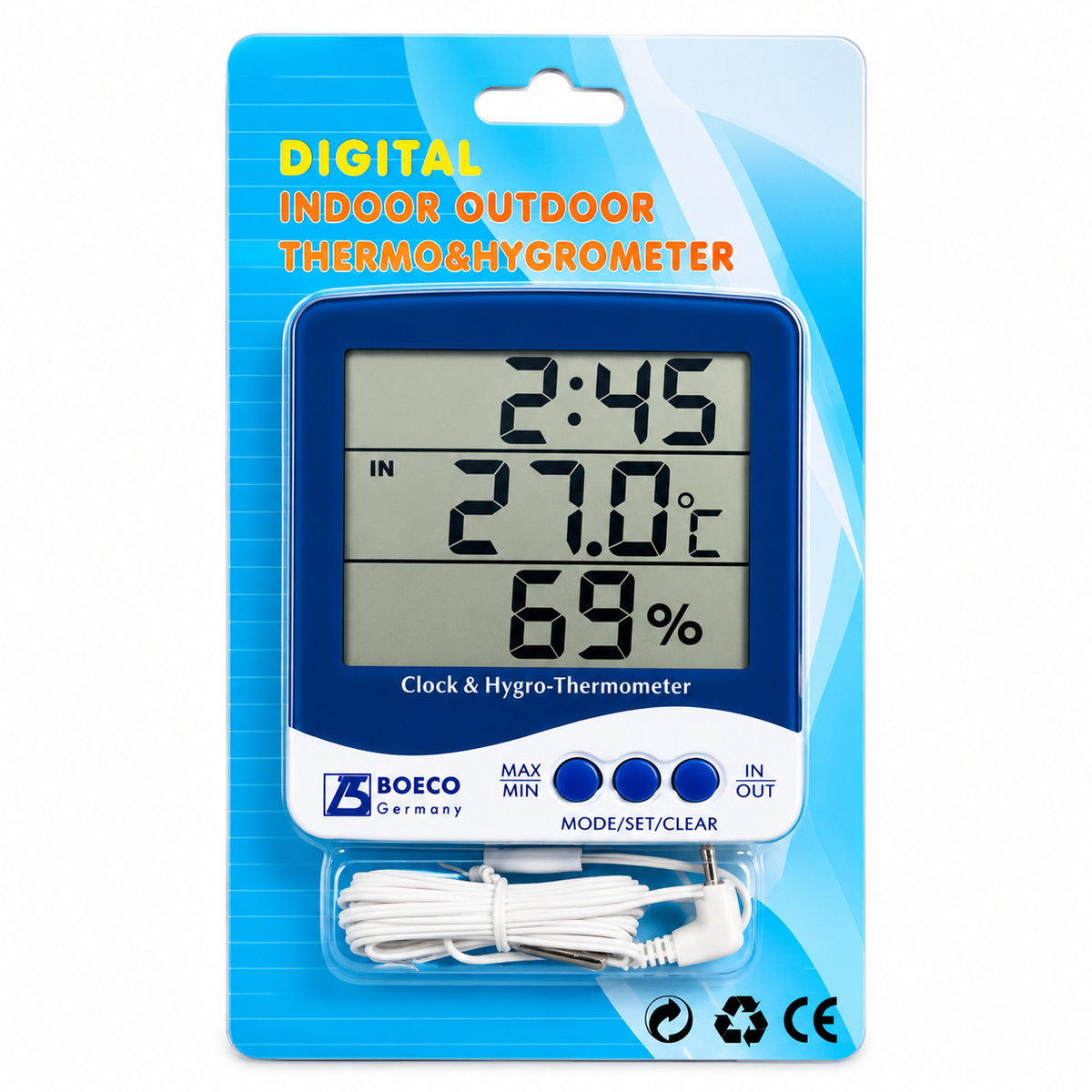 Termohigrómetro Digital BOECO SH-110 con Sonda Externa - Temperatura Interior y Exterior, Humedad y Reloj con Alarma