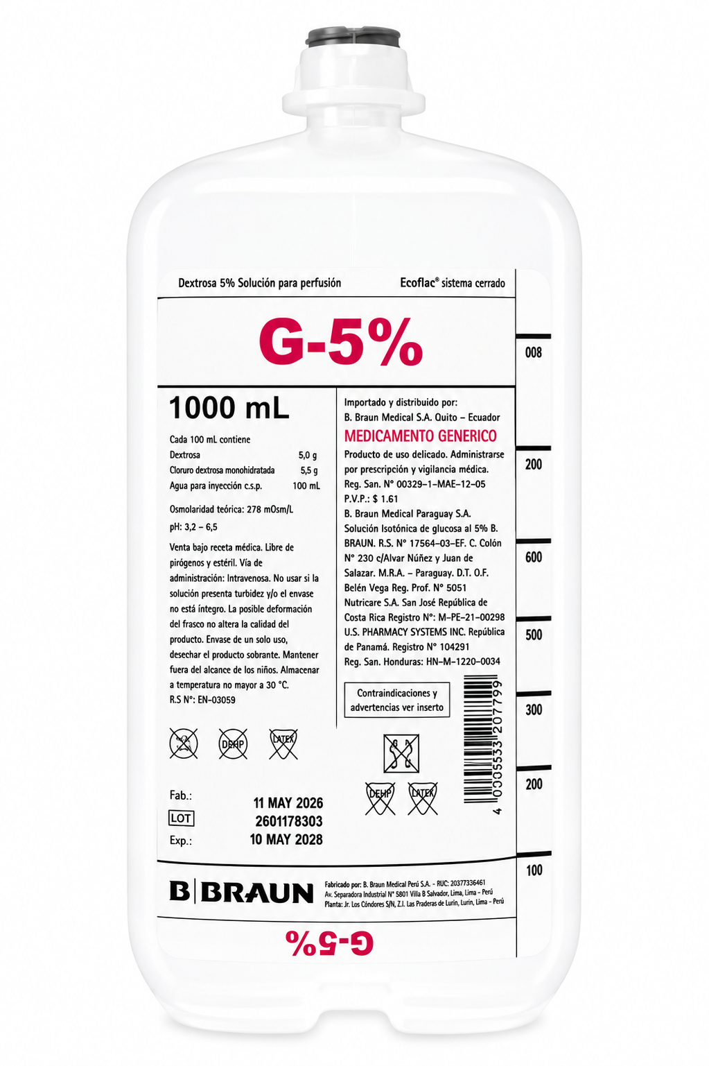 Dextrosa al 5% x 1000ml Ecoflac Por 12 und  - Braun