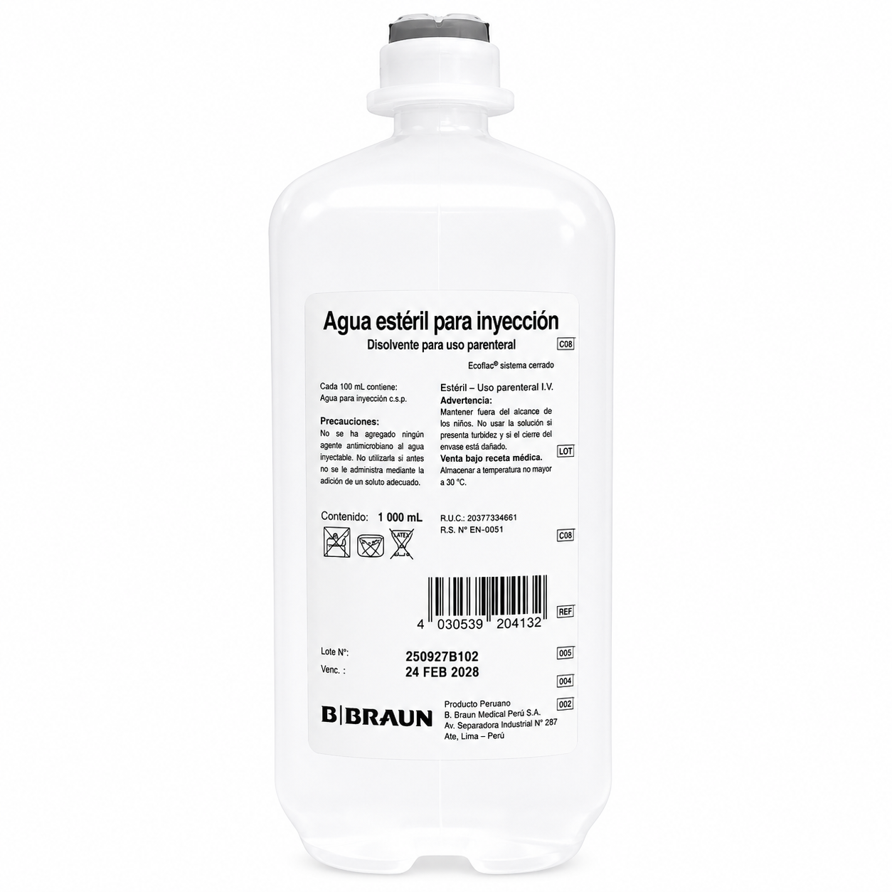 Agua Estéril para Inyección 1000ml Ecoflac Por 12 und - Braun