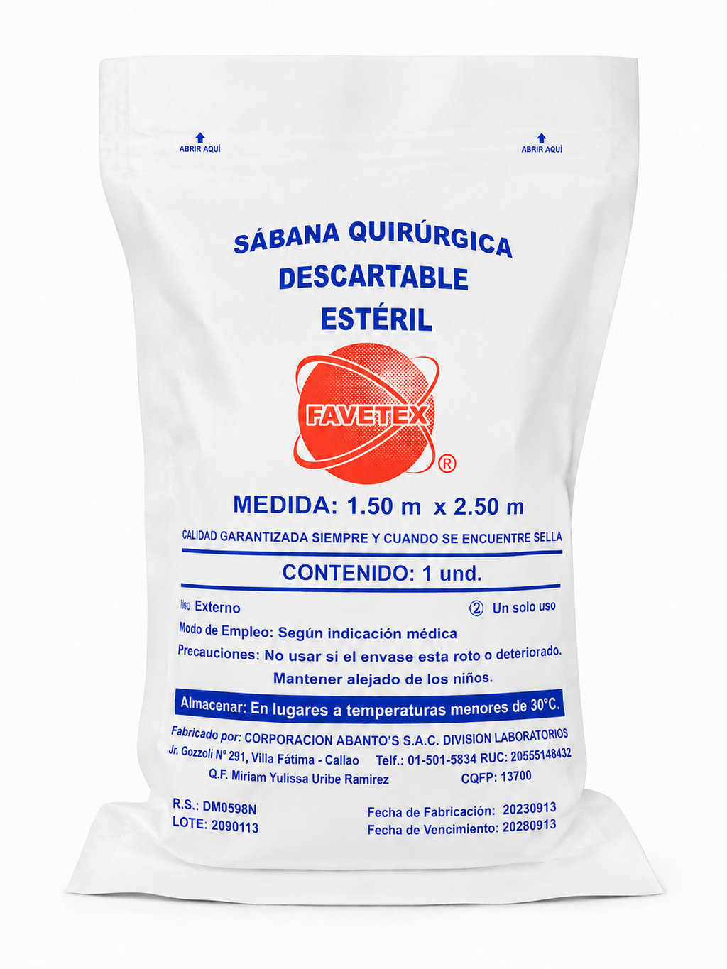 SABANA ESTERIL 2.5M X 1.5M POR 100 UND - FAVETEX