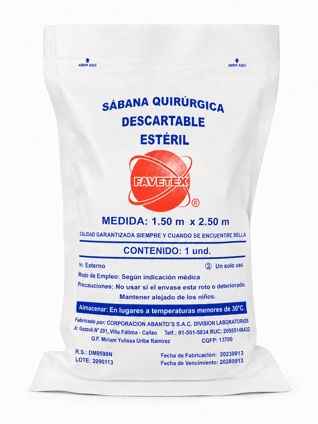 SABANA ESTERIL 2.5M X 1.5M POR 100 UND - FAVETEX