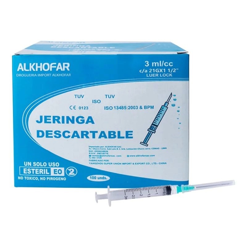 Jeringa Estéril De 3mL Aguja 21G X 1 1/2 Por 100 und - ALKHOFAR