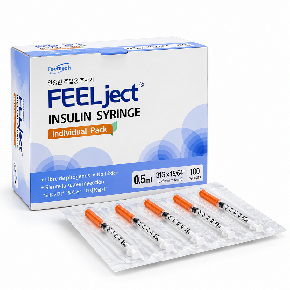 Jeringa de Insulina Ultra Fina FEELject 0.5ml 31G x 8mm - Caja 100 Unidades Empaque Individual Estéril