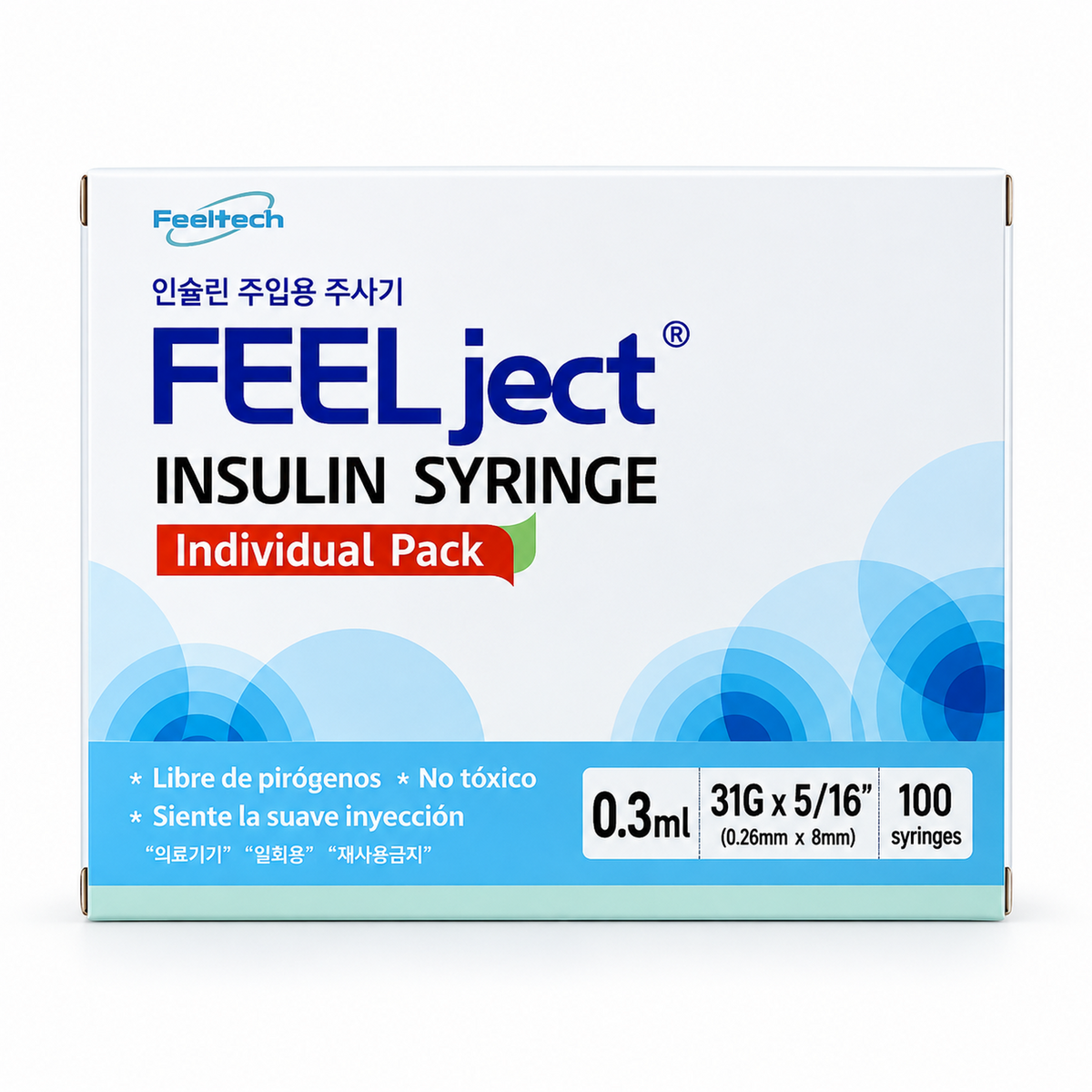 Jeringa de Insulina Ultra Fina FEELject 0.3ml 31G x 8mm - Caja 100 Unidades Empaque Individual Estéril
