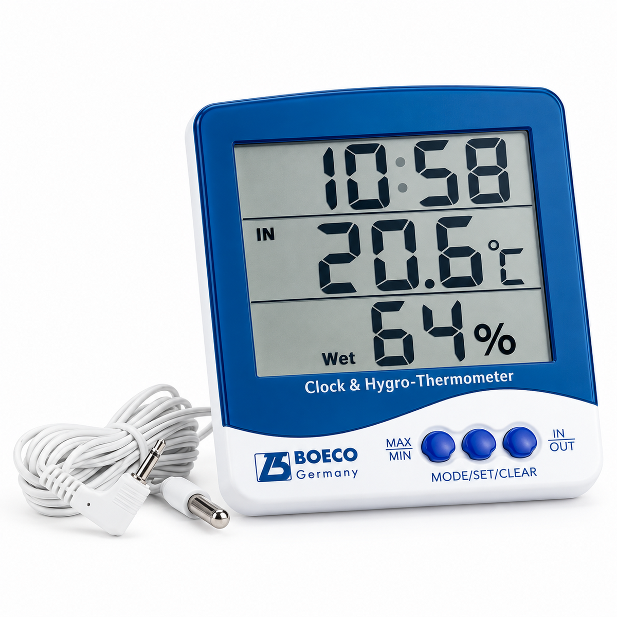 Termohigrómetro Digital BOECO SH-110 con Sonda Externa - Temperatura Interior y Exterior, Humedad y Reloj con Alarma